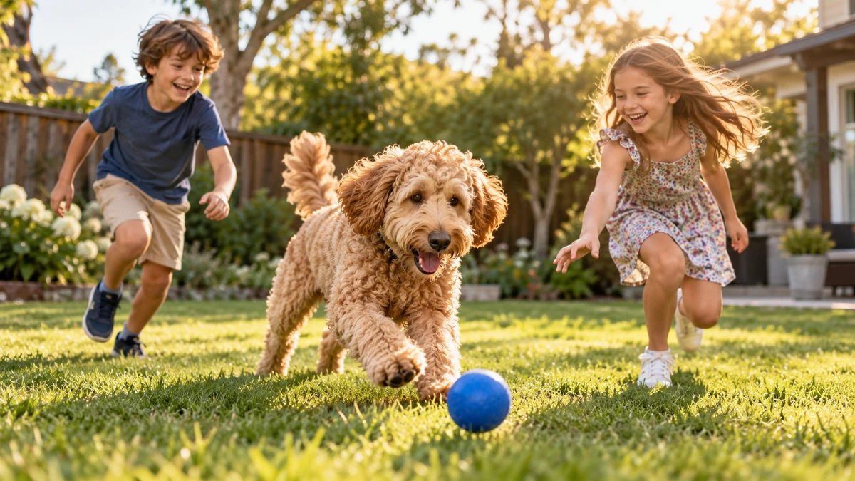 Labradoodle köpek — çocuklarla oyun